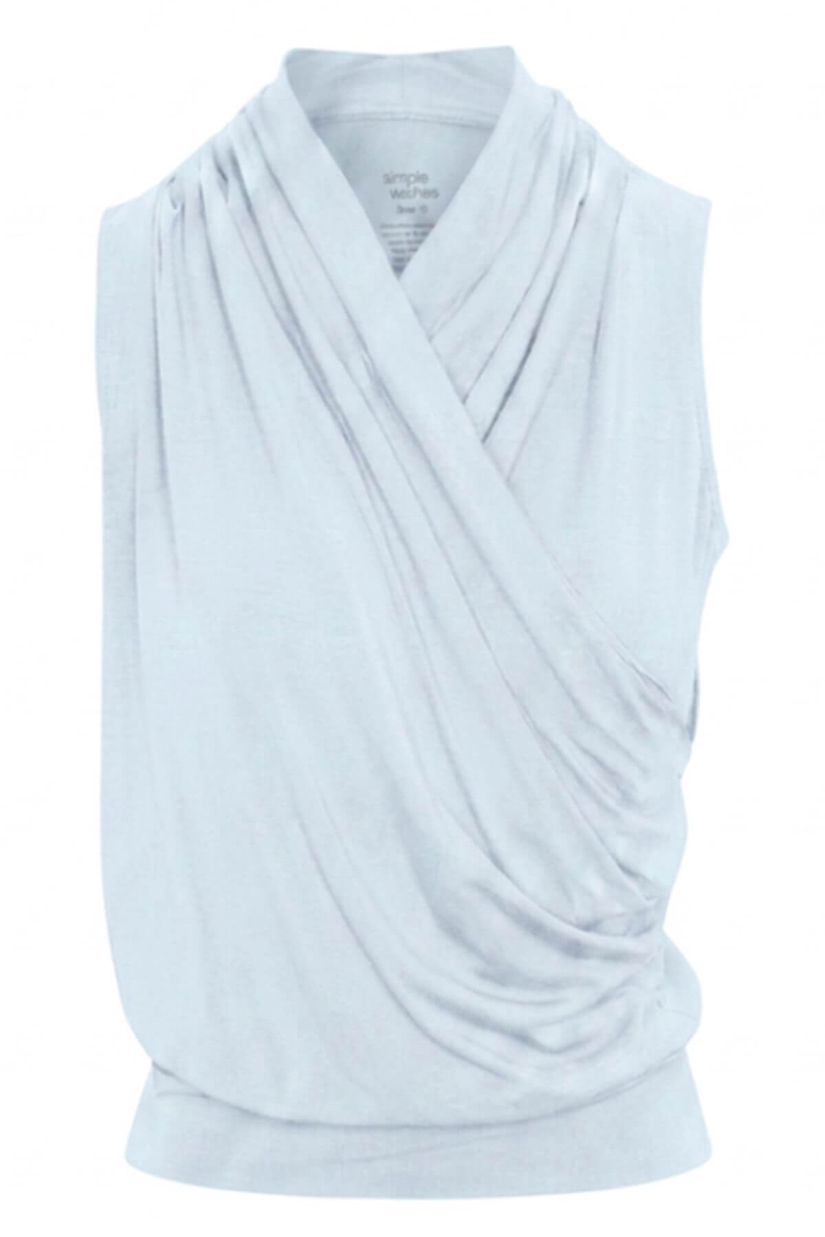 A light blue sleeveless draped wrap top with a wide collar, shown against a plain white background..