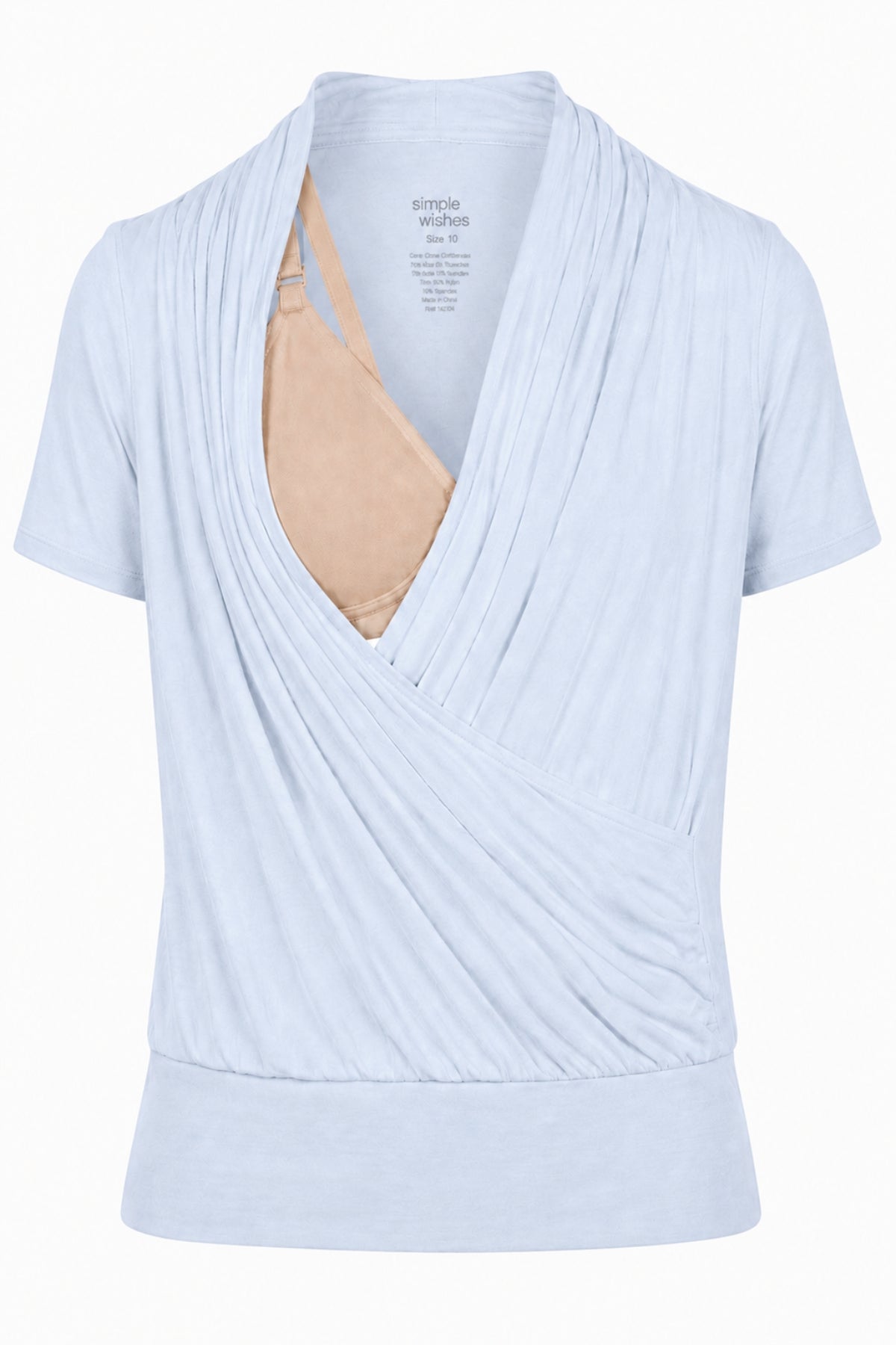 A light blue short-sleeve wrap-style nursing top by System of a Friend, shown with a beige nursing bra underneath on a plain white background.