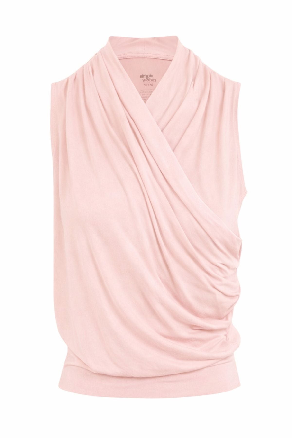 Pink sleeveless nursing top with draped design on a white background