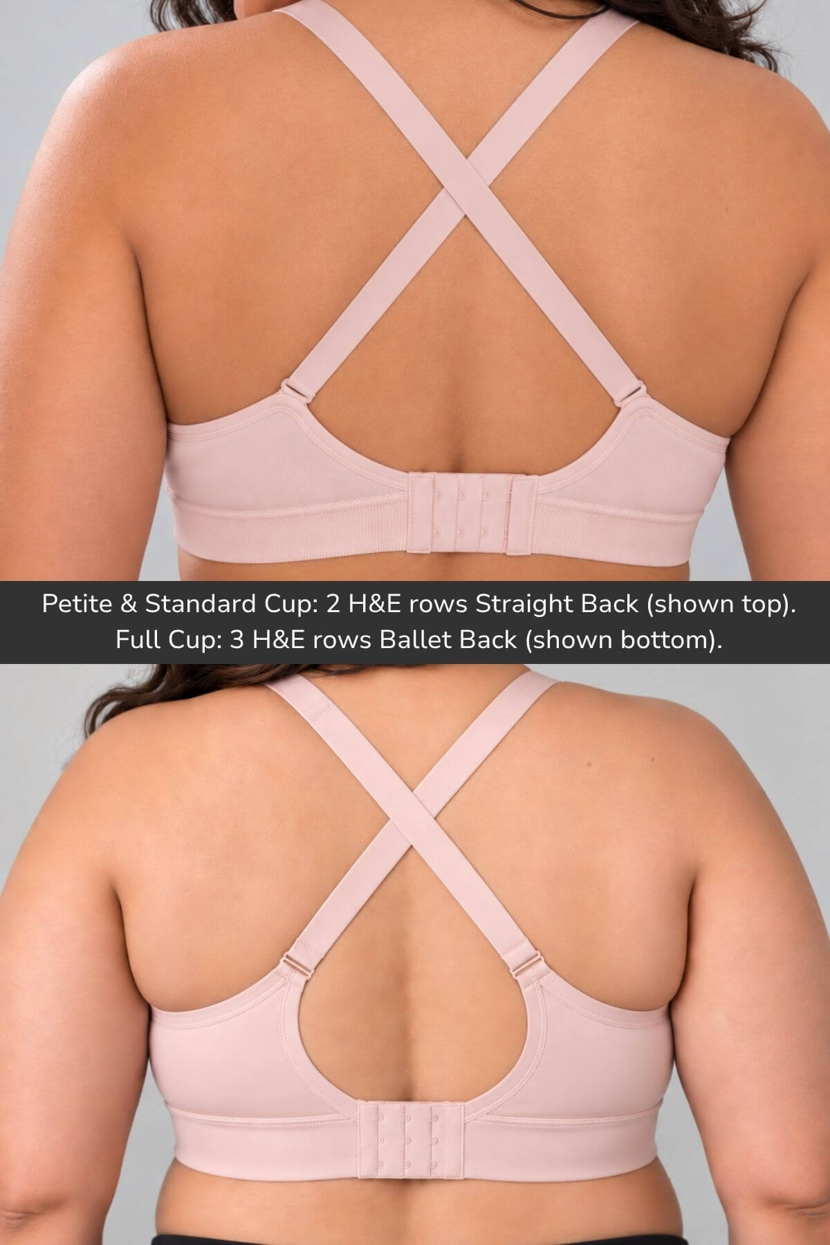 Back view of a model wearing a simple wishes supermom silhouette nursing bra and hands free pumping bra in ballet slipper pink with front adjustable straps and crossover back designs, shown in two cup sizes with text explaining the strap configurations.