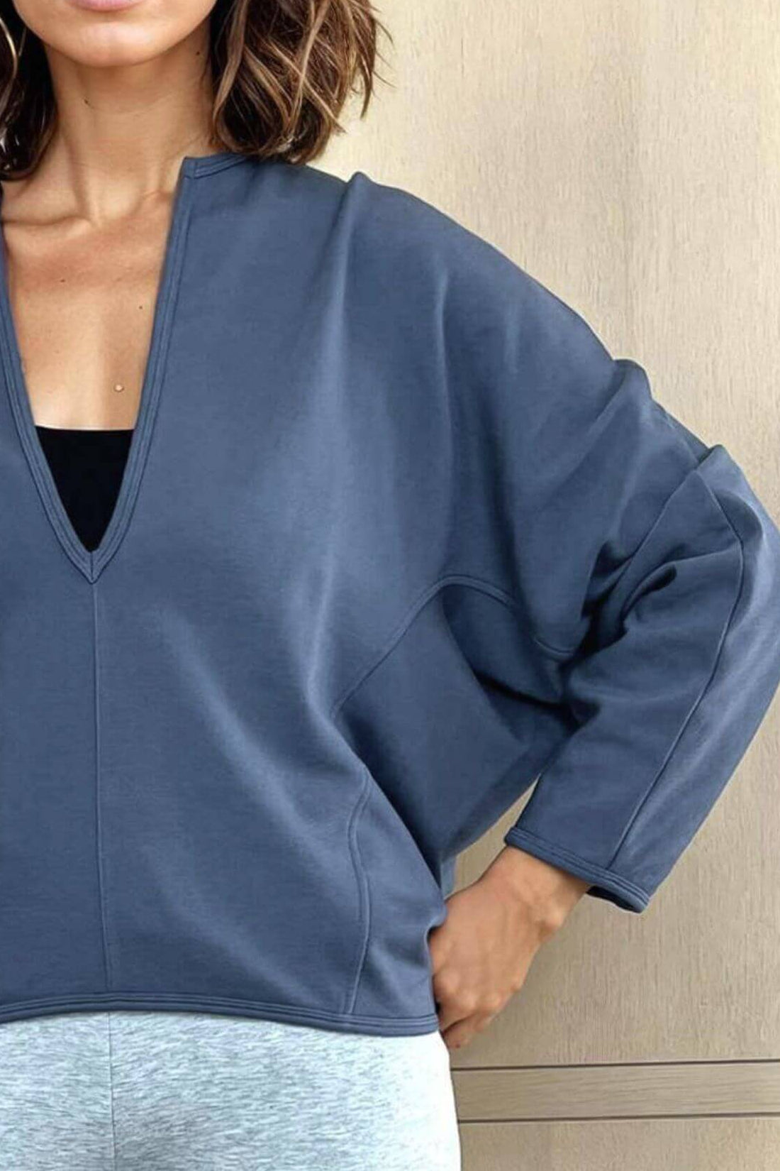 Aspen Maine Blue deep V neckline and wing sleeve detail