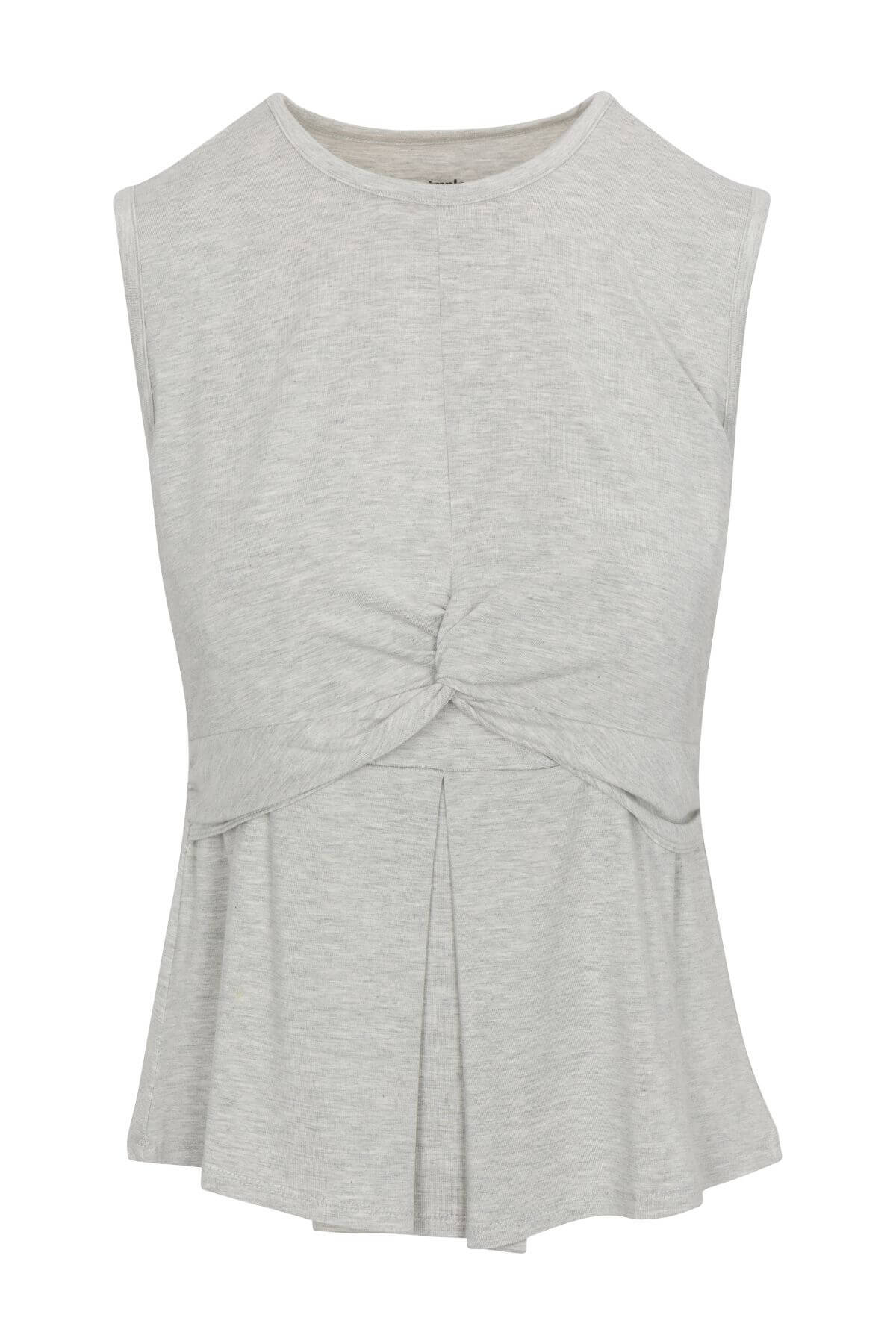 A light gray sleeveless knit top with a crew neck and a twisted front detail, displayed on a clean white background.