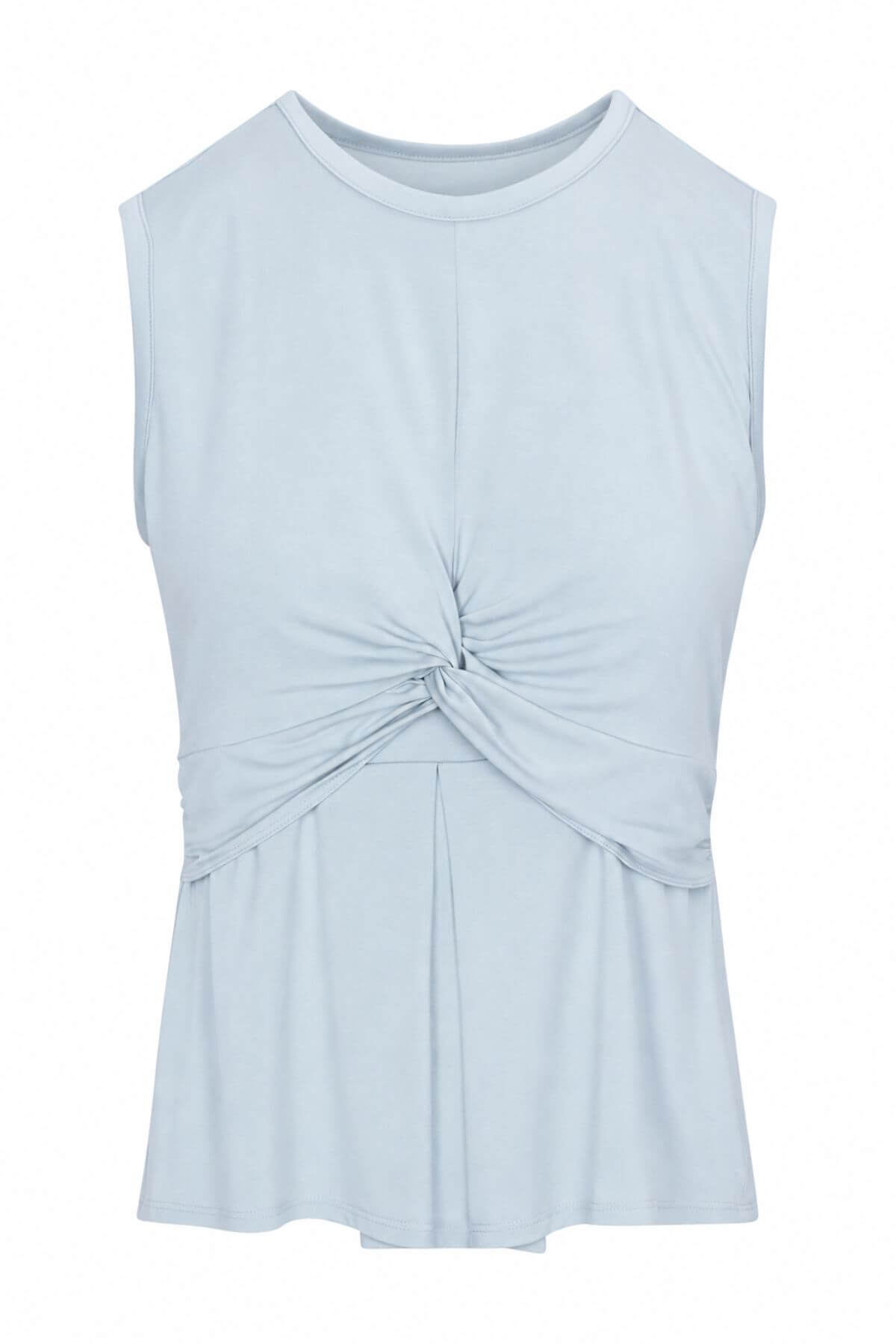 A light blue sleeveless knit top with a gathered twist detail at the center front, displayed on a clean white background.