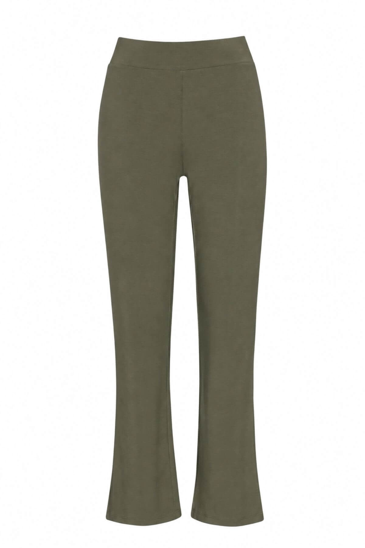 A pair of olive green cropped flare pants shown on a plain white background.