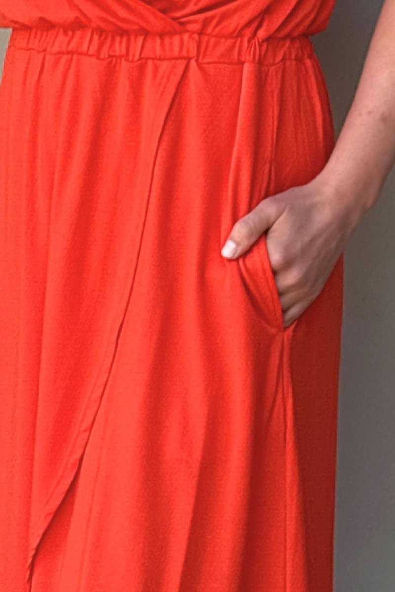 Harper Maternity & Nursing Dress - Simple Wishes - Red Flame - front view skirt and pocket detail