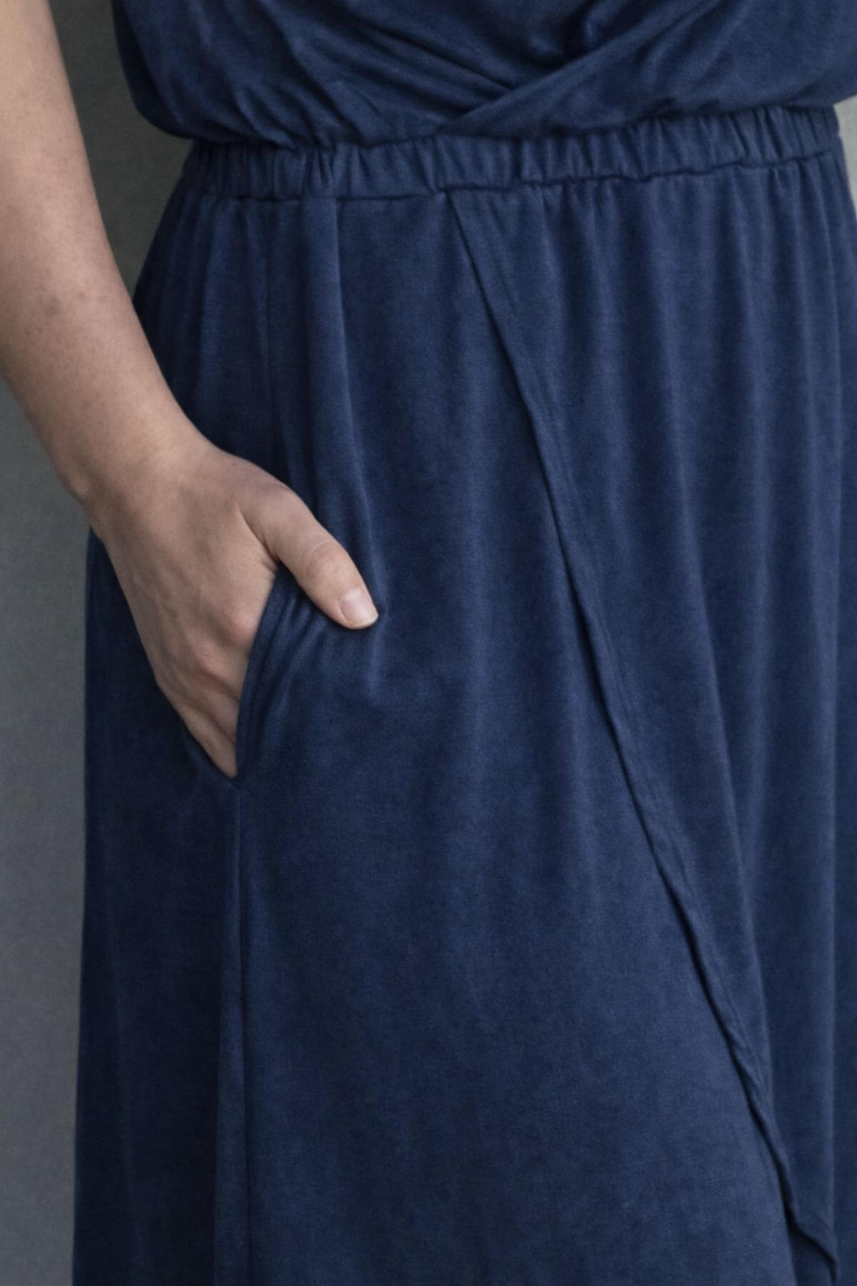 Navy blue nursing dress with a close-up of the waistband and fabric texturec