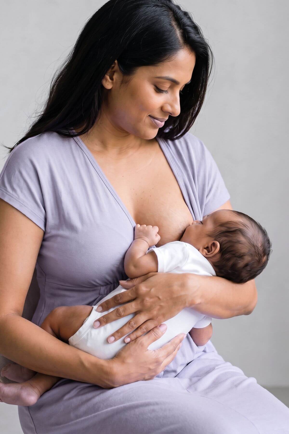 A woman in a light purple nursing top and matching pants holds and breastfeeds a baby wearing a white onesie, set against a plain light gray background.