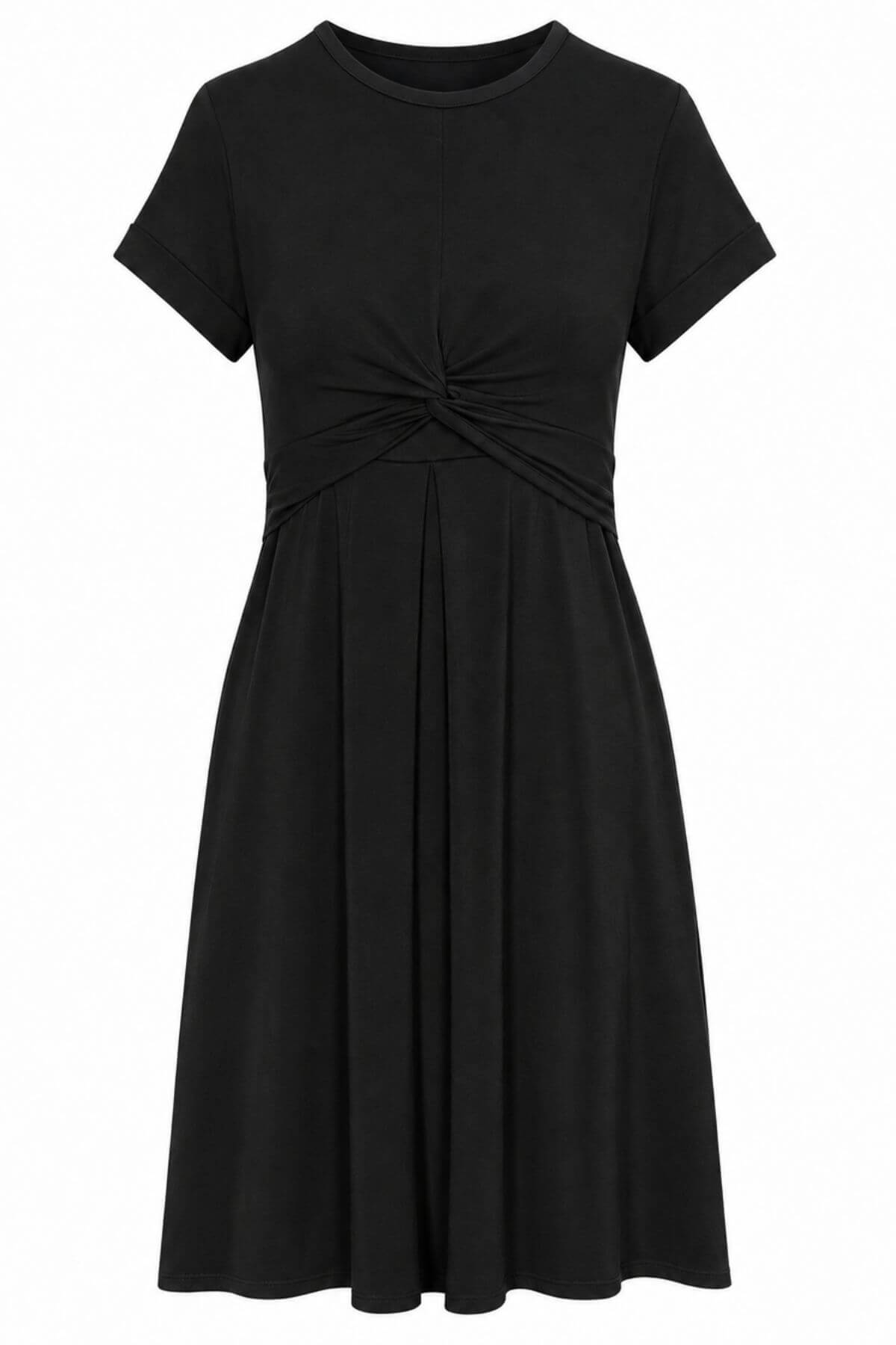A black short-sleeve dress with a gathered twist detail at the waist and a flared skirt, shown against a plain white background..