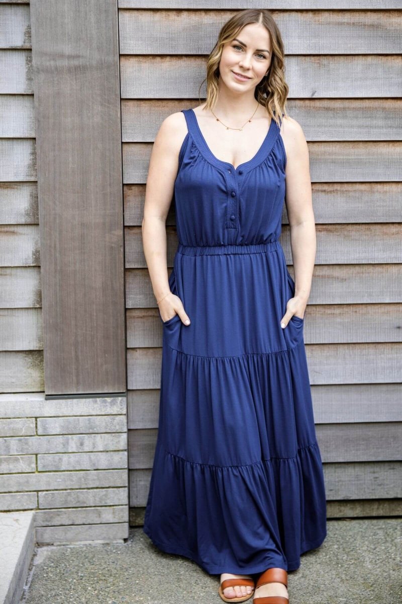 Lark Maternity & Nursing Maxi Dress - Indigo - Simple Wishes - Shown full body on shorter 5&