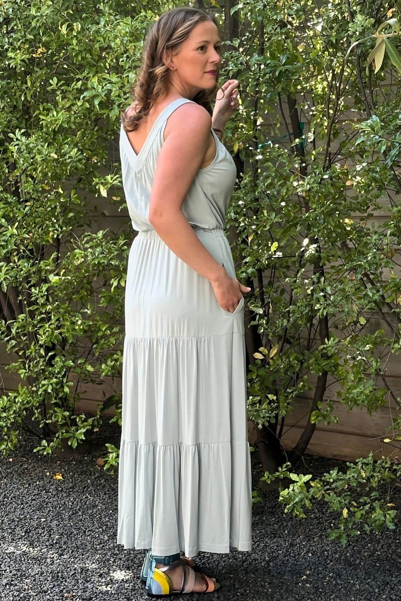 Lark Maternity and Nursing Dress in Ether back view profile full length styled with sandals for summer dress