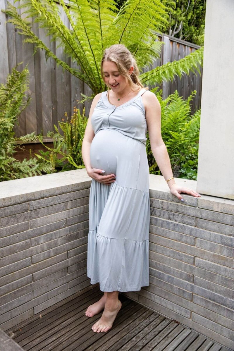 Lark Maternity and Nursing Dress in Ether front view full length on pregnant model