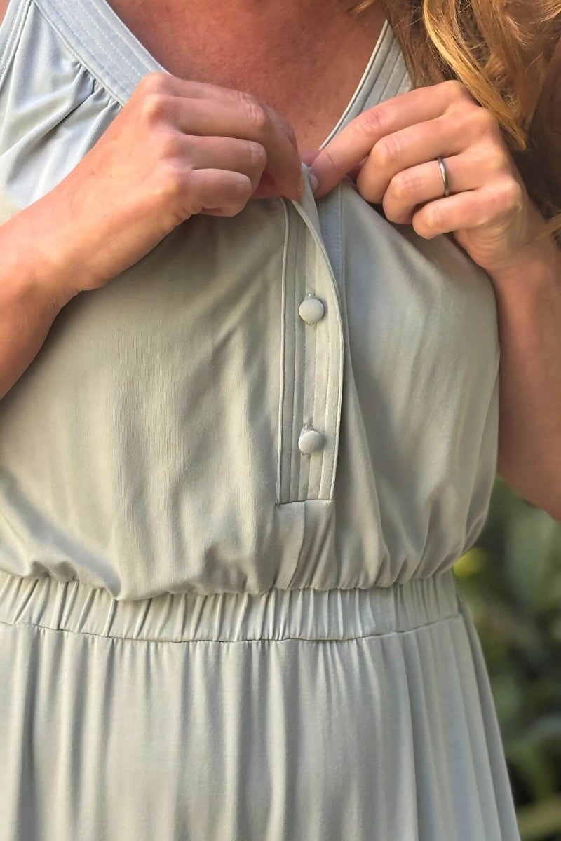 Lark Maternity and Nursing Dress in Ether front view half body button front detail