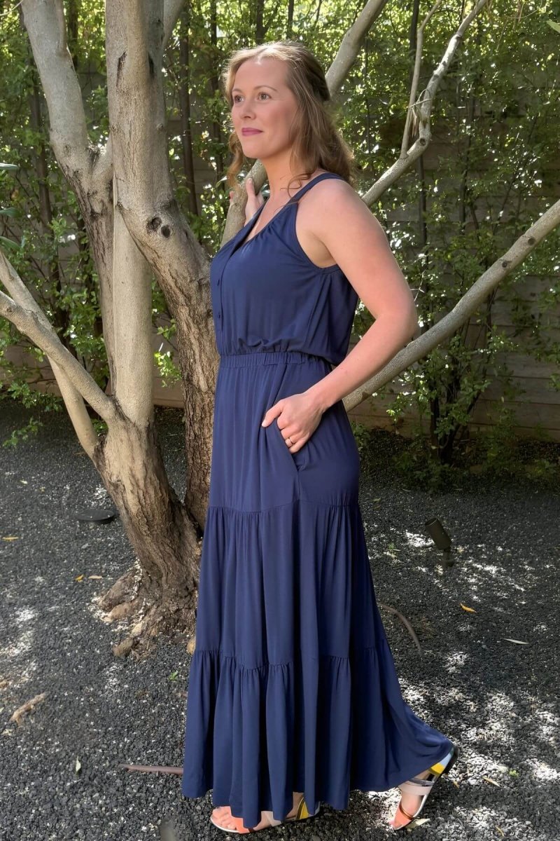Lark Maternity and Nursing Dress in Indiigo side view full body