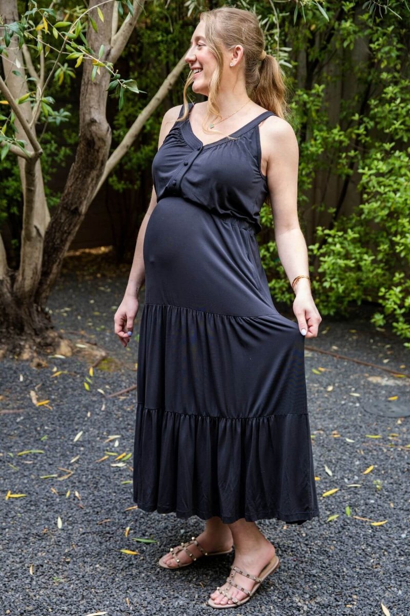 Lark Maternity and Nursing Dress in Midnight front view full body pregnant model