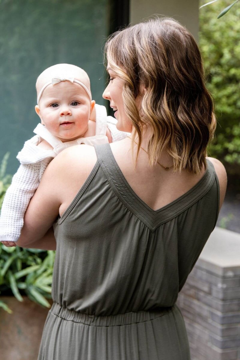 Lark Maternity and Nursing Dress in Olive Green back view upper body