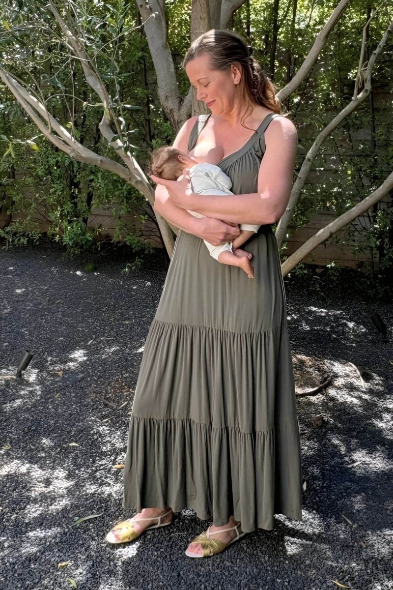 Lark Maternity and Nursing Dress in Olive Green front view full body breastfeeding lifestyle