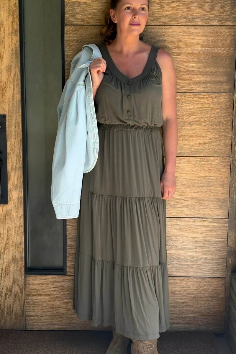 Lark Maternity and Nursing Dress in Olive Green front view full body styles with jacket and boots