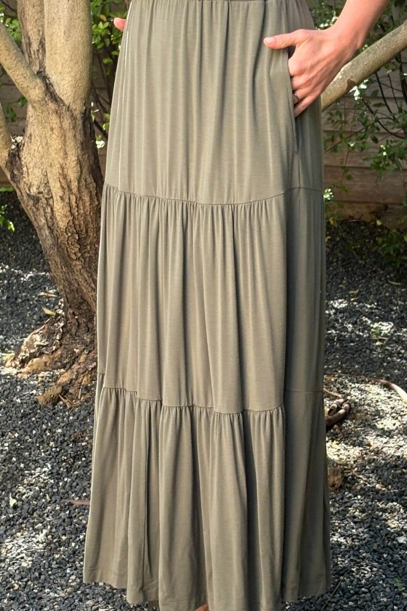 Lark Maternity and Nursing Dress in Olive Green front view skirt detail