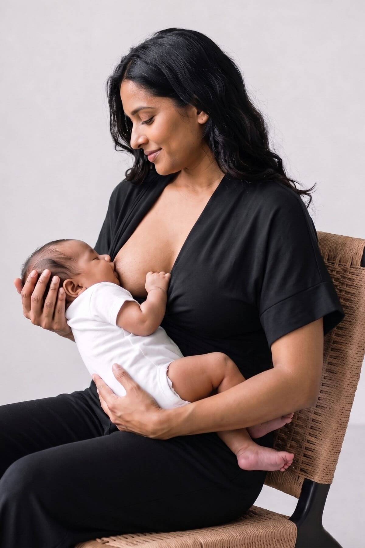 A woman in a black V-neck baby top and black pants sits on a woven chair, breastfeeding a baby wearing a white onesie. The background is a clean, neutral light gray studio wall.