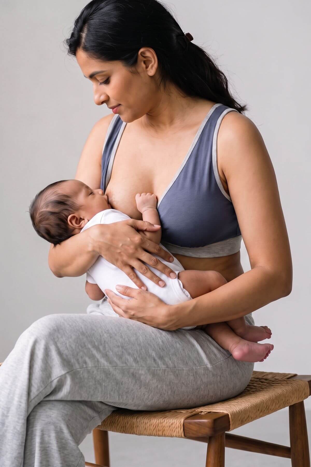 A woman in a gray sports bra and sweatpants sits on a wooden stool, breastfeeding a baby wrapped in a white blanket. The background is a clean, neutral light gray studio wall.