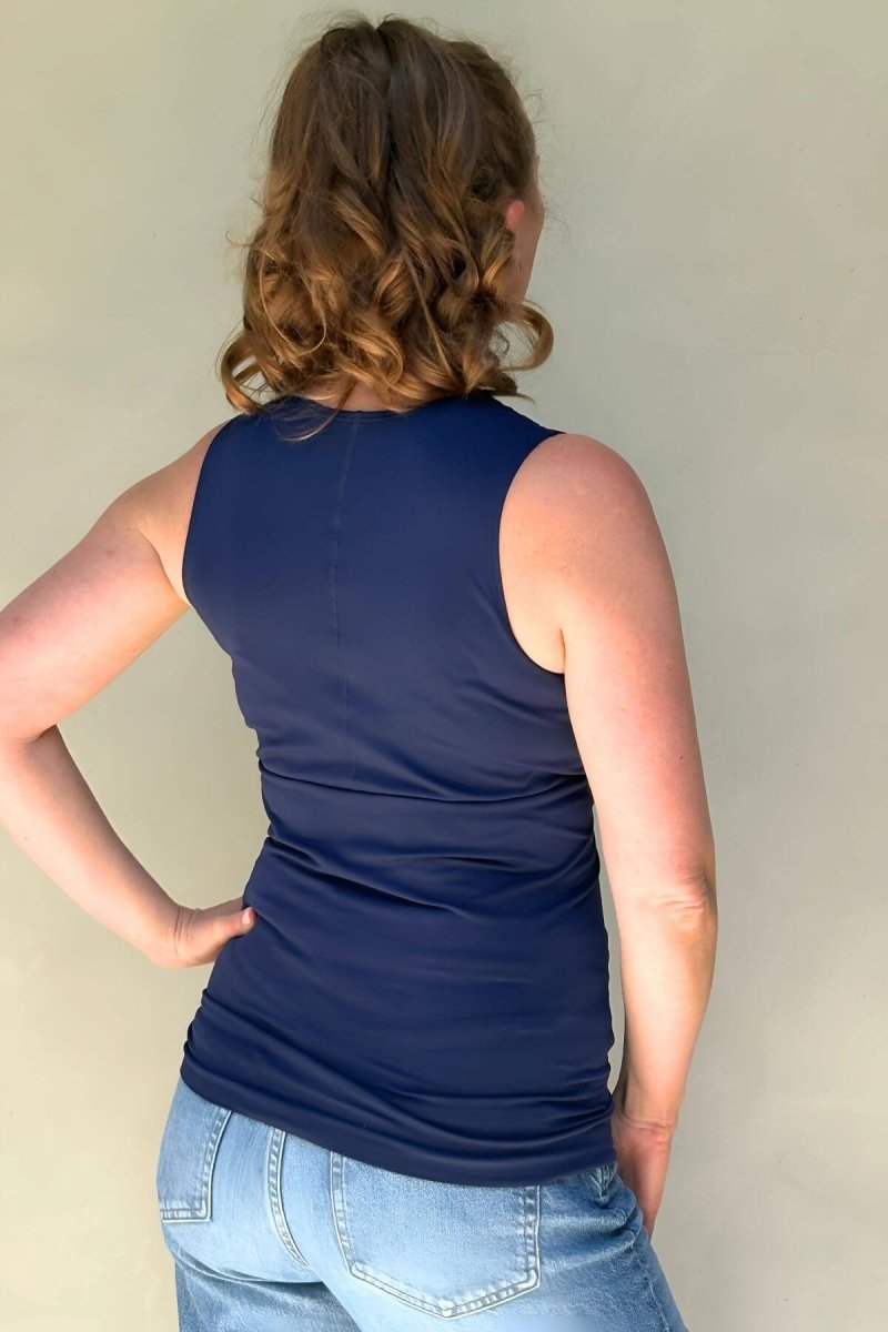 Simple Nursing Tank Indigo back view untucked