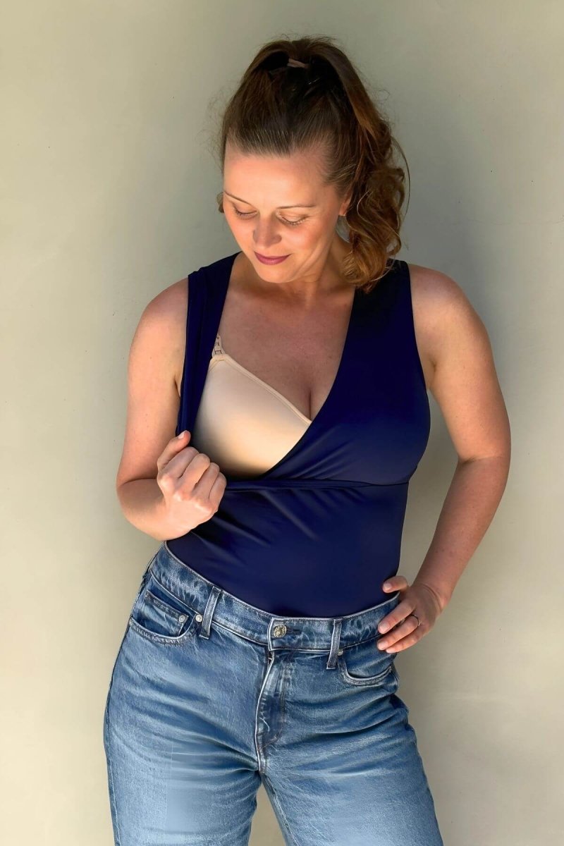 Simple Nursing Tank Indigo breastfeeding lifestyle tank pull aside nursing access