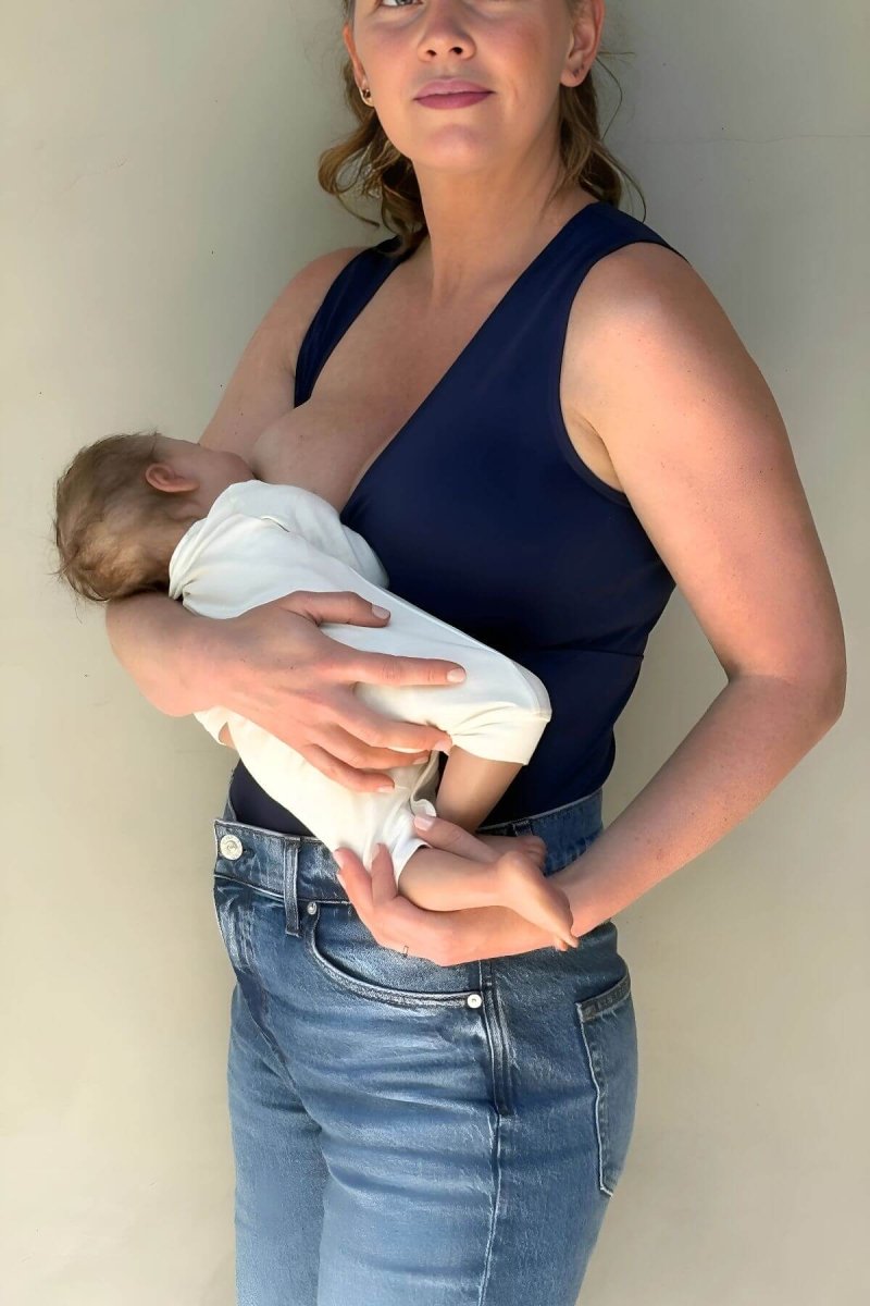 Simple Nursing Tank Indigo breastfeeding lifestyle tank tucked in
