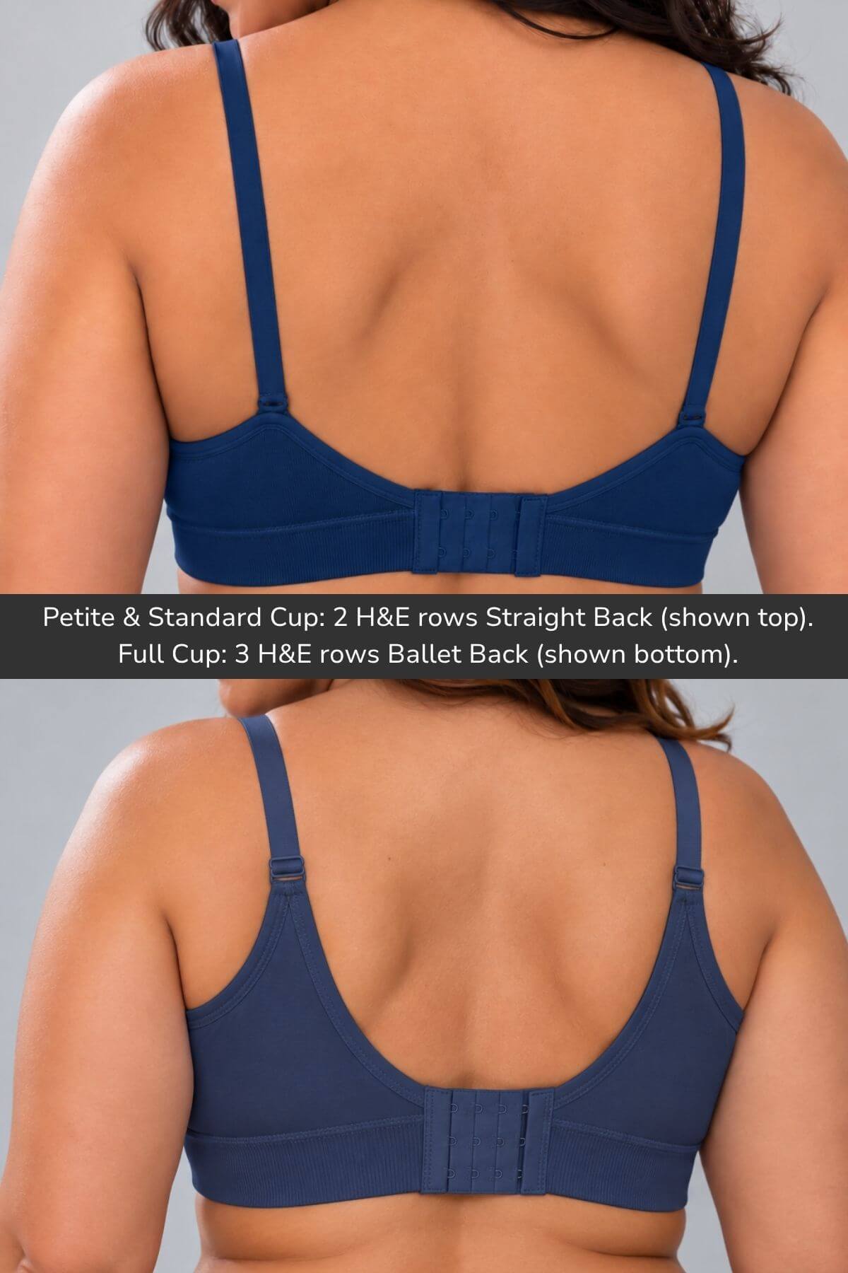 Back view of a woman modeling Simple Wishes Seamless Nursing & Pumping Bras cross back view on all cup sizes in indigo, showing two cup configurations: Petite & Standard Cup on top and Full Cup on bottom, with a text overlay explaining the cup sizes and back styles.