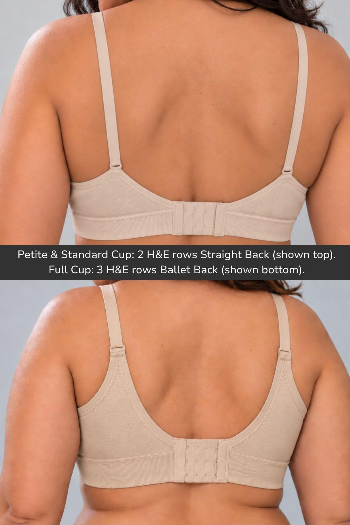 Back view of the Stages Maternity, Nursing, Wearable Pump & Everyday Bra in Sunkissed Rose on a model, showing two cup styles: Petite & Standard Cup with 2 H&E rows Straight Back (top) and Full Cup with 2 H&E rows Ballet Back (bottom). A text overlay explains the cup sizes and back styles.