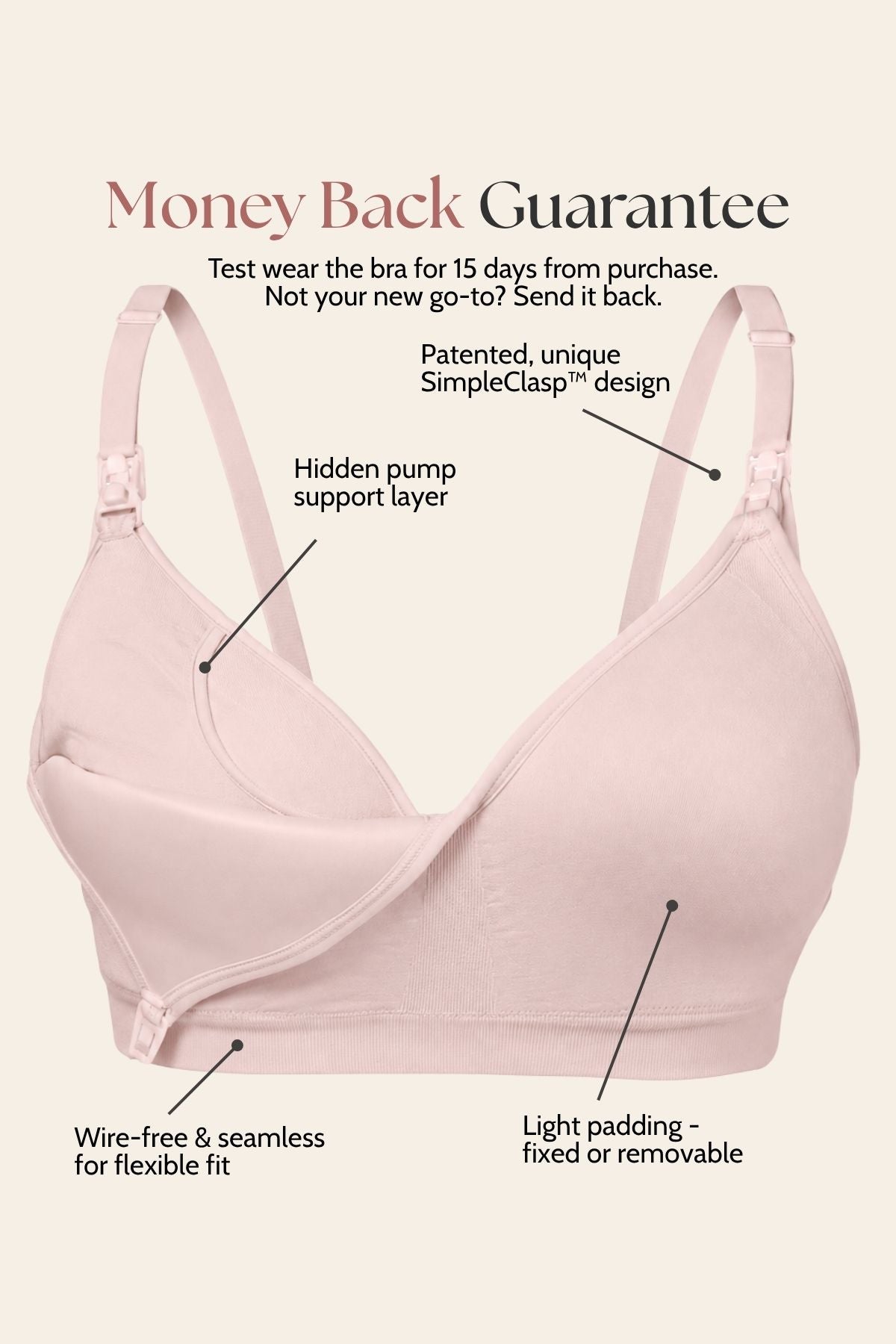 The SuperMom Silhouette Nursing Bra and Hands Free Pumping Bra in ballet slipper centered on a light beige background with marketing text and callout lines explaining features such as a money-back guarantee, hidden pump support layer, patented SimpleClasp design, wire-free seamless fit, and light padding.