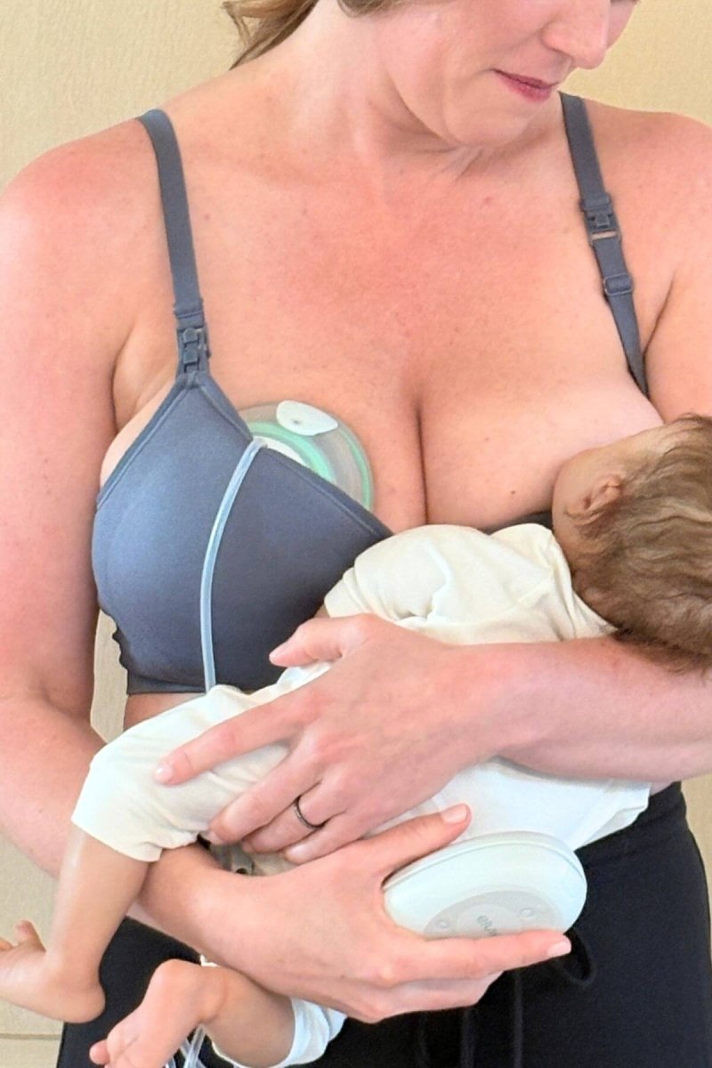 SuperMom® Silhouette Nursing & Pumping Seamless Bra - Fixed Pads - Simple Wishes - Maine Blue - front view using wearable pump and breastfeeding baby