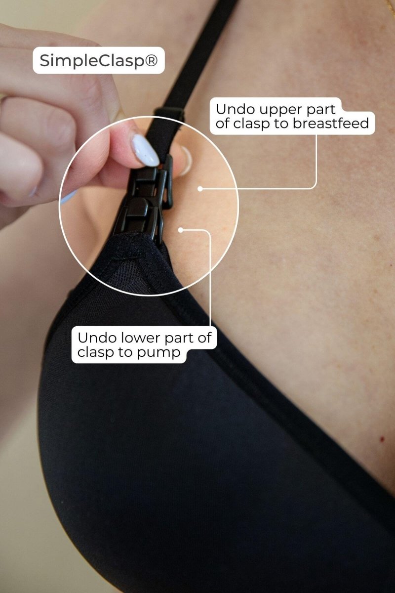 SuperMom® Silhouette Nursing & Pumping Seamless Bra - Fixed Pads - Simple Wishes - Midnight - infographic showing SimpleClasp close-up detail educating on undoing the upper part to drop both layers of the bra and undoing the lower part to reveal the inner pump support layer of the cup.