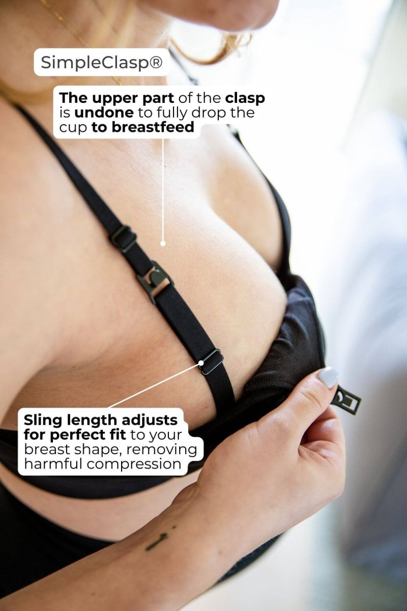SuperMom® Silhouette Nursing & Pumping Seamless Bra - Fixed Pads - Simple Wishes - Midnight - infographic showing SimpleClasp close-up detail showing the upper clasp undone to fully drop both layers of the bra in one single action. Also highlighting the adjustable length of the inner sling to minimize the change of harmful compression on breast tissue.