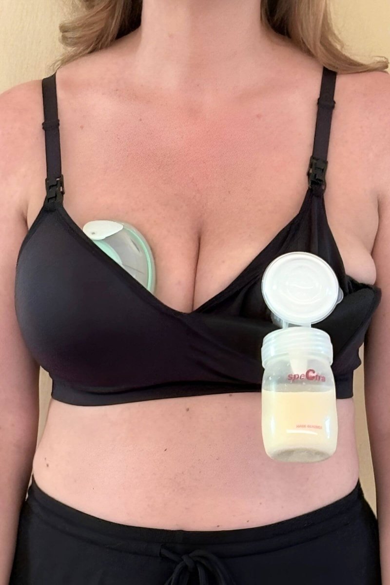 SuperMom® Silhouette Nursing & Pumping Seamless Bra - Fixed Pads - Simple Wishes - Midnight - showing wearable and traditional breast pumps being supported in the bra