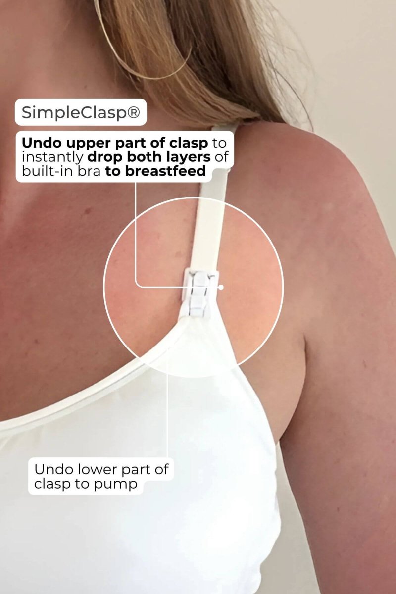 SuperMom Silhouette Nursing & Pumping Seamless Tank - Pearl - Infographic showing closeup of the patented SimpleClasp educating that you undo the upper part of the clasp to instantly drop both layers of the built-in bra to breastfeed. Undo the lower part of the clasp to reveal the pump support panel.