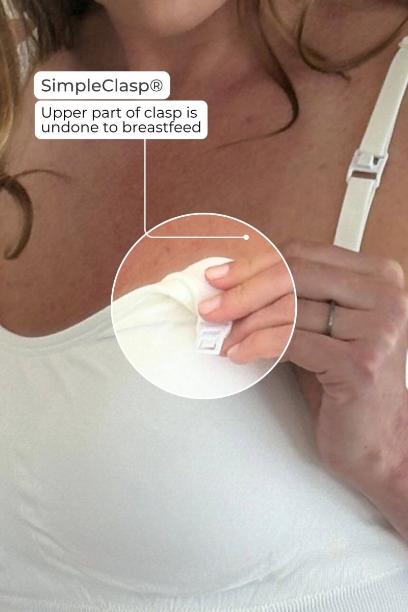 SuperMom Silhouette Nursing & Pumping Seamless Tank - Pearl - Infographic showing closeup of the patented SimpleClasp showing the upper clasp undone and the cup in the process of being lowered to breastfeed.