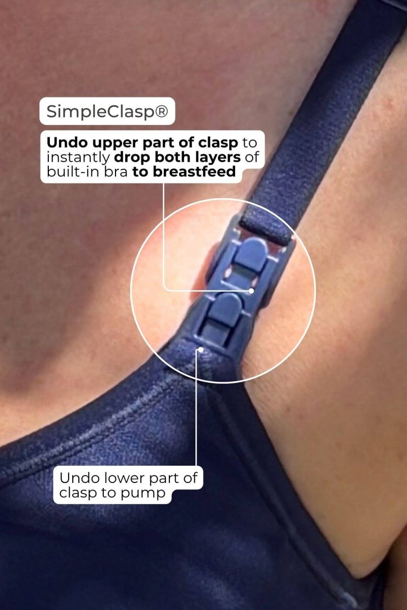 SuperMom® Silhouette Nursing & Pumping Seamless Tank - Simple Wishes - Indigo - infographic featuring SimpleClasp closeup