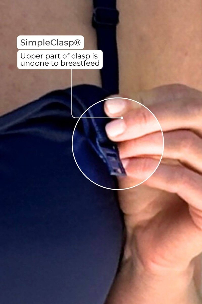 SuperMom® Silhouette Nursing & Pumping Seamless Tank - Simple Wishes - Indigo - infographic featuring SimpleClasp closeup of clasp being dropped to breastfeed