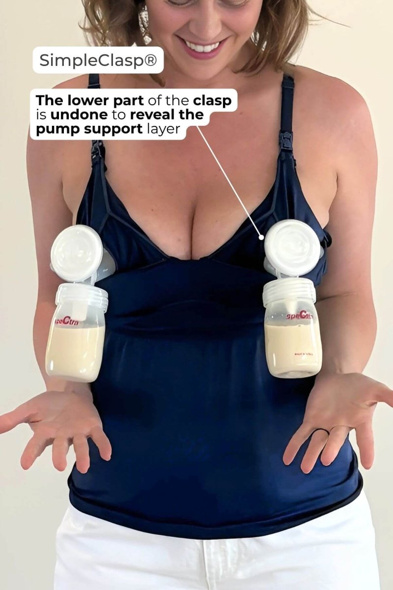 SuperMom® Silhouette Nursing & Pumping Seamless Tank - Simple Wishes - Indigo - infographic featuring SimpleClasp showing double pumping and pump support panel