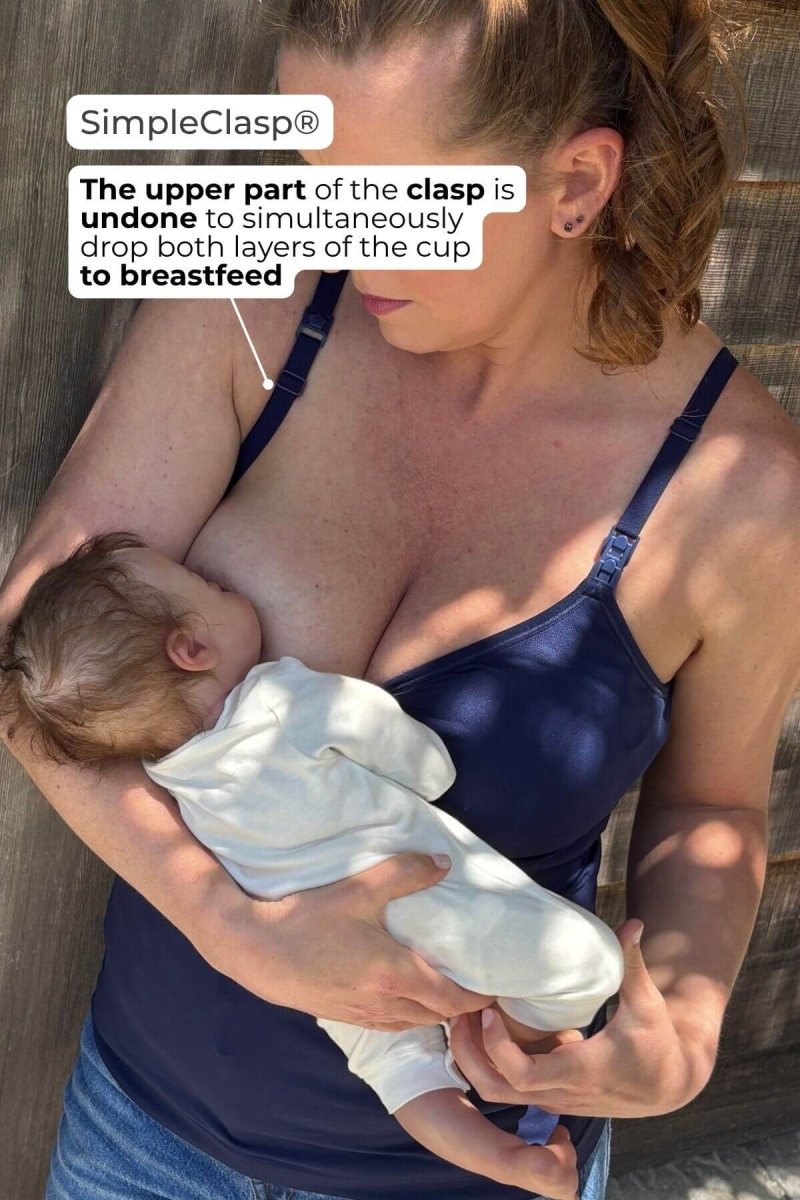 SuperMom® Silhouette Nursing & Pumping Seamless Tank - Simple Wishes - Indigo - infographic featuring SimpleClasp showing function of dropping both layers of cup simultaneously to breastfeed