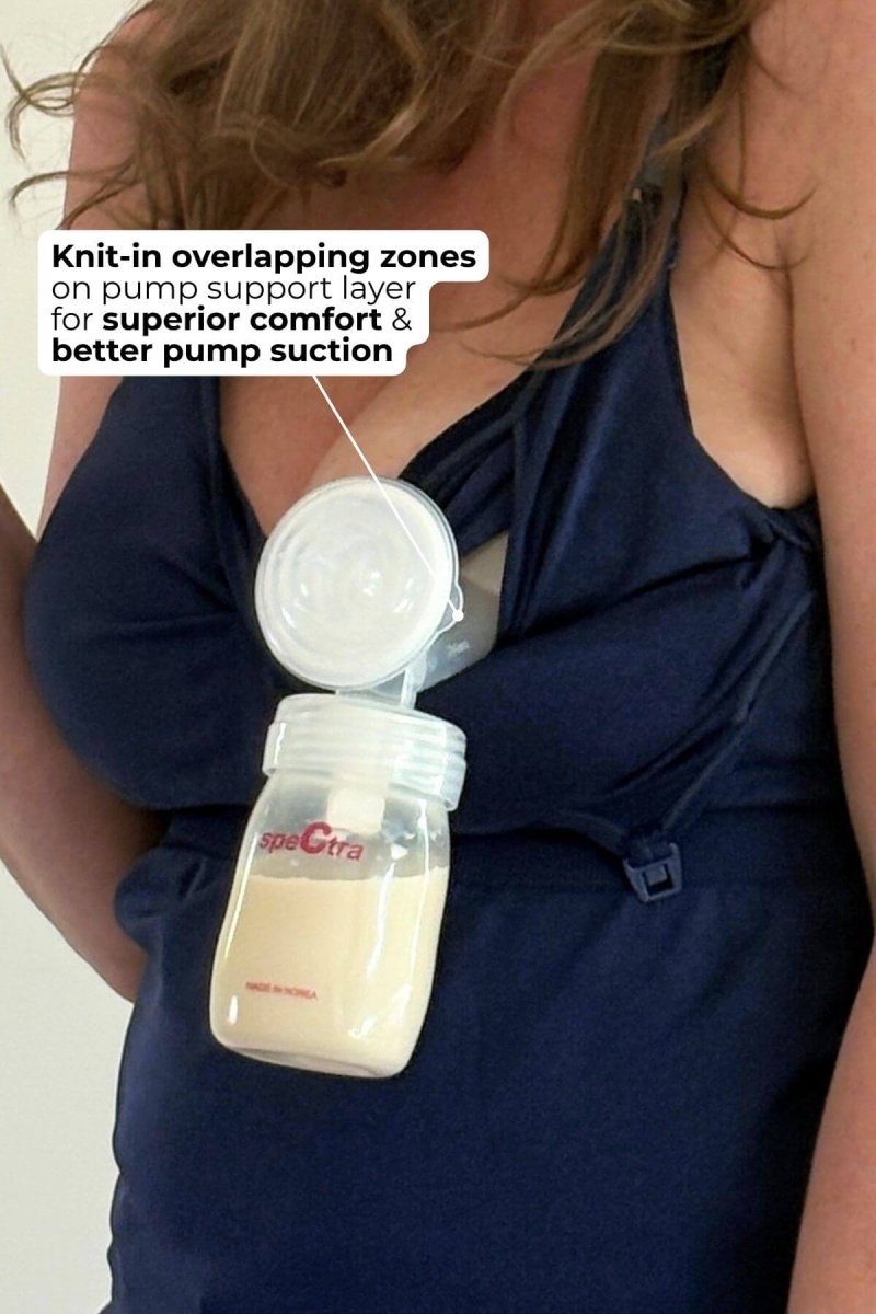 SuperMom® Silhouette Nursing & Pumping Seamless Tank - Simple Wishes - Indigo - infographic featuring SimpleClasp showing single pumping and pump support panel