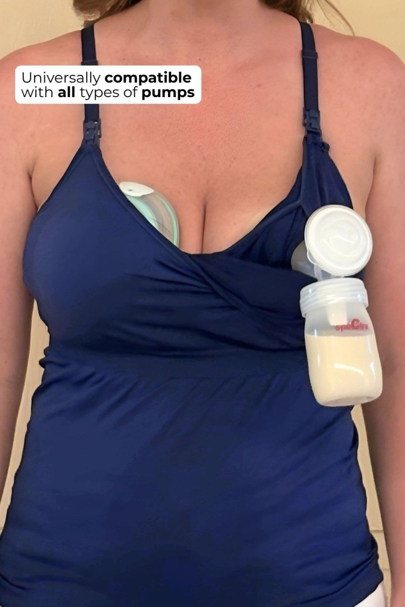 SuperMom® Silhouette Nursing & Pumping Seamless Tank - Simple Wishes - Indigo - infographic featuring universally compabible with wearable breastpumps and traditional breast pumps