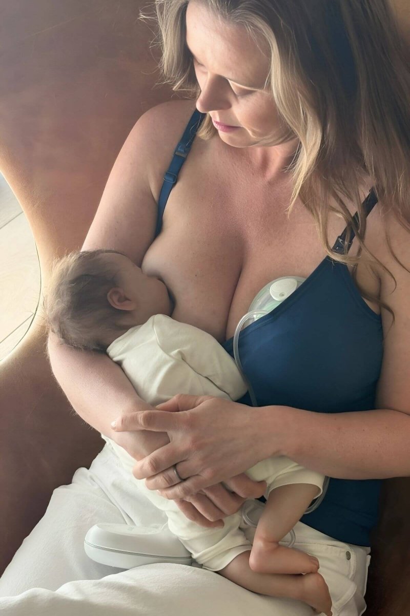 SuperMom® Silhouette Nursing & Pumping Seamless Tank - Simple Wishes - Seated nursing with wearable pump lifestyle