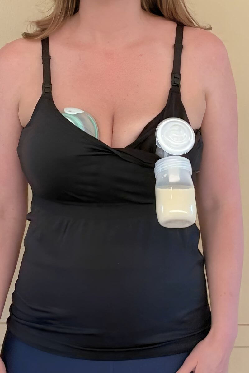 SuperMom Silhouette Nursing + Pumping Tank in Midnight supporting wearable breastpumps and standard breast pumps
