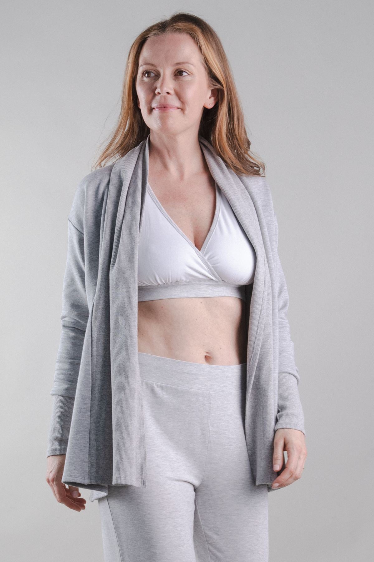 Undercover Reversible Sleep Bra Pearl Light Heather Gray with Kate Nursing Cardigan and Christine Lounge Pant front view half body.jpg