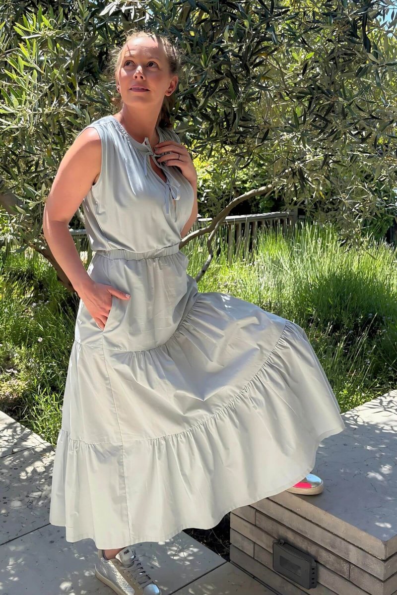 Willow Nursing Dress - Ether - Simple Wishes - front view waterfall skirt and pocket detail