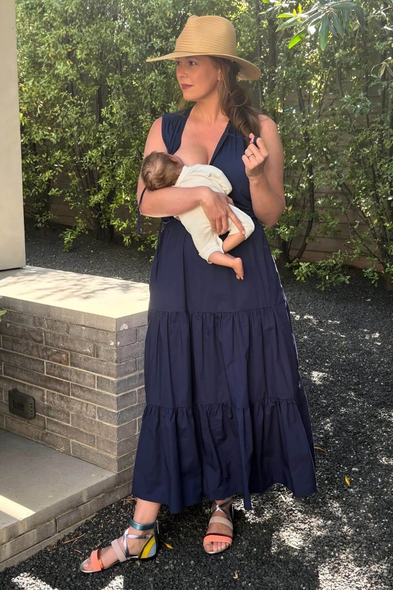 Willow Nursing Dress - Indigo - Simple Wishes - Front view full length breastfeeding lifestyle