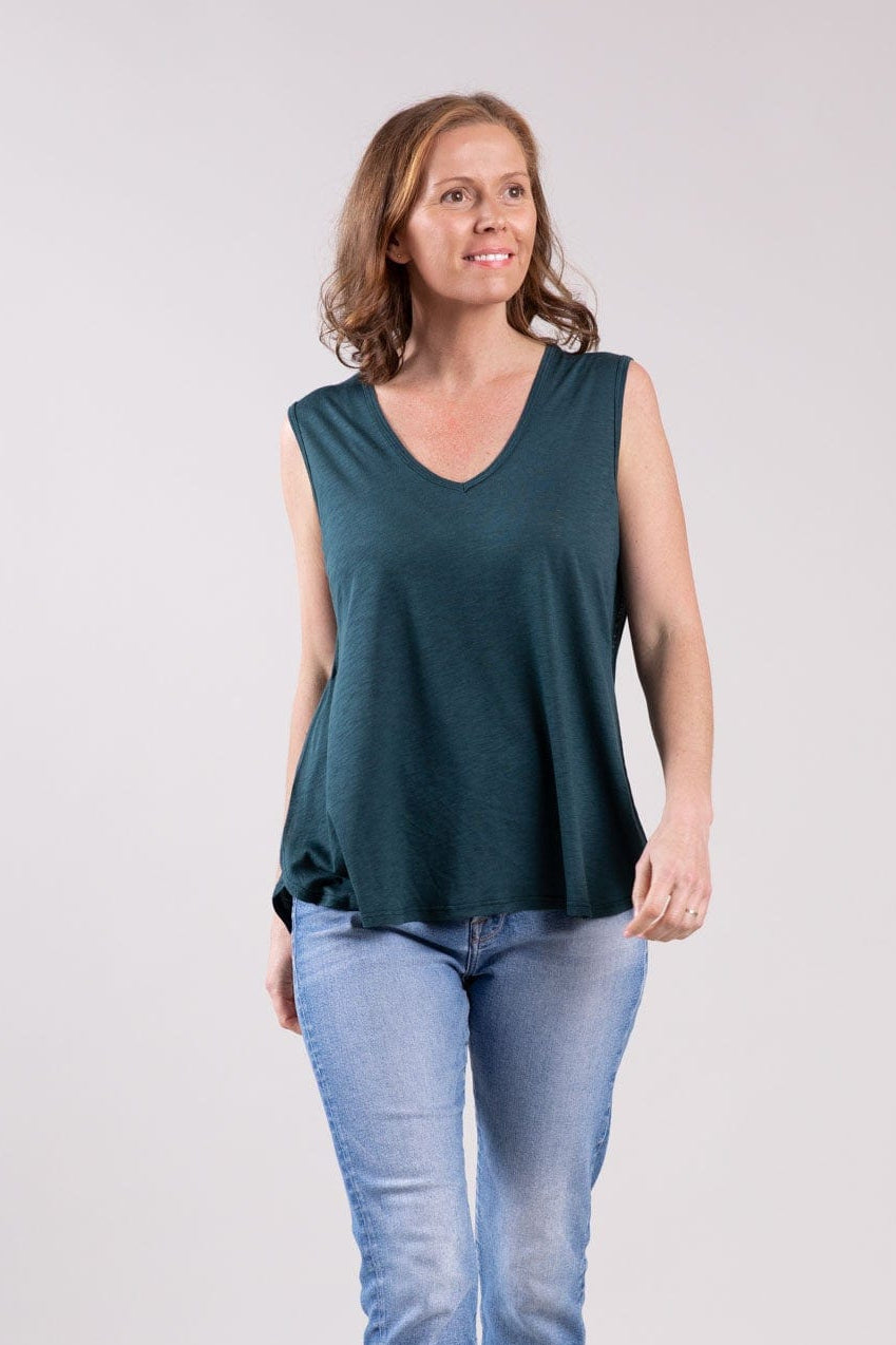 simple wishes elle nursing top in peacock front view on brunette model