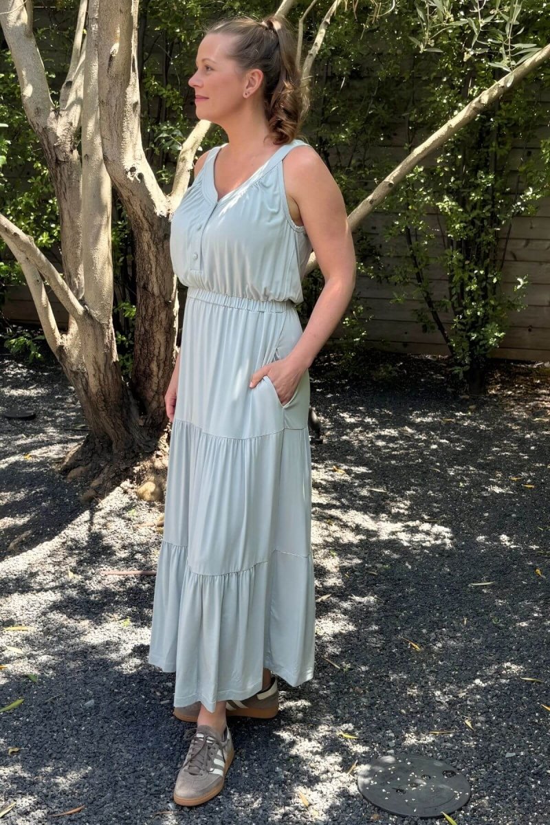 Lark Maternity and Nursing Dress in Ether front view full body in profile styled with sneakers