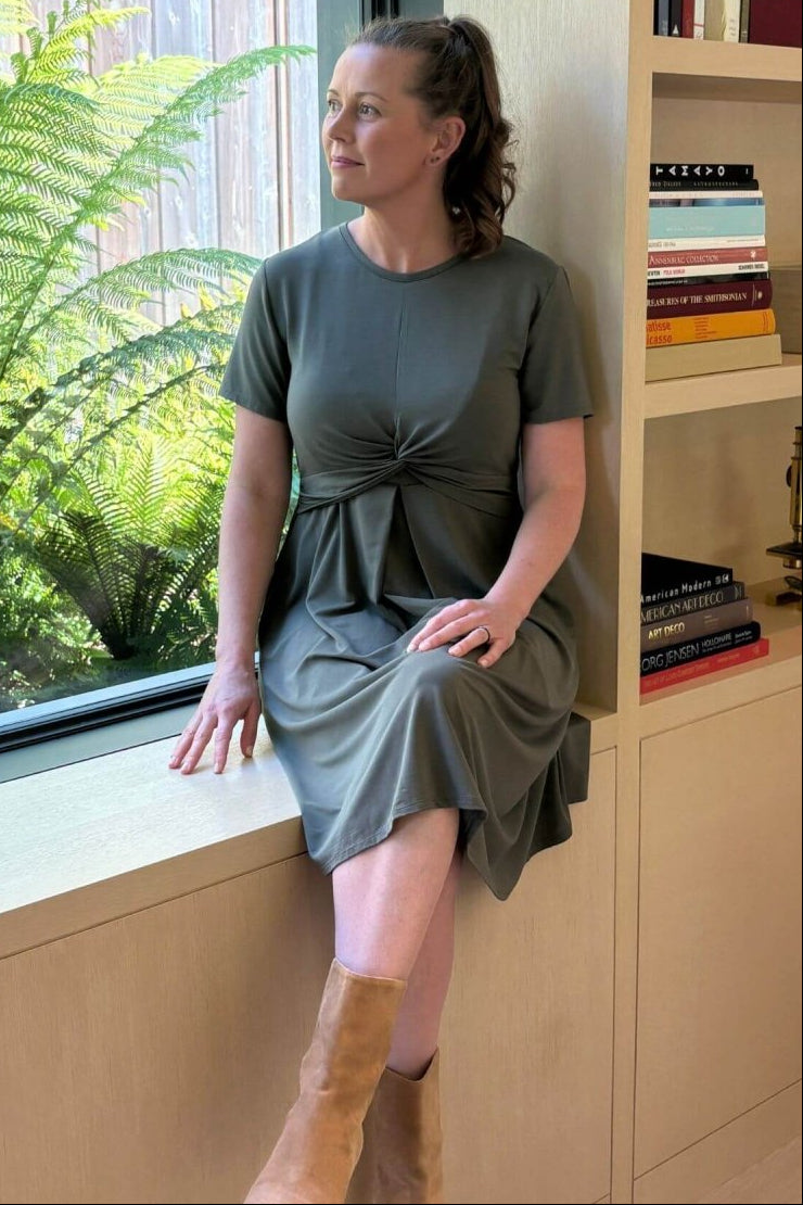 Liv Maternity & Nursing Dress - Olive Green - Simple Wishes - Seated lifestyle front view-Up